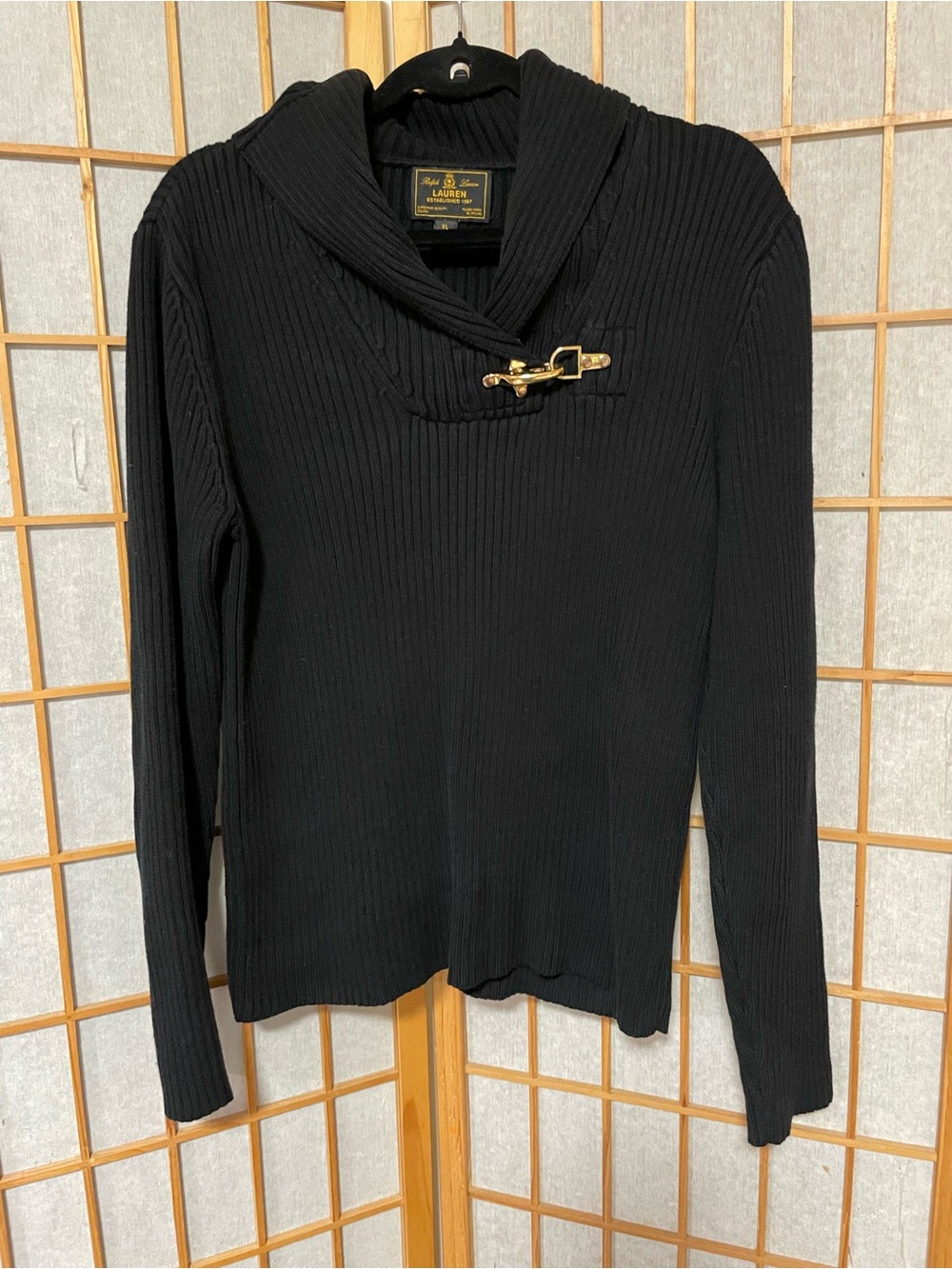 Vintage Ralph Lauren Ribbed Shawl Collar Lobster Clasp Black Label Sweater